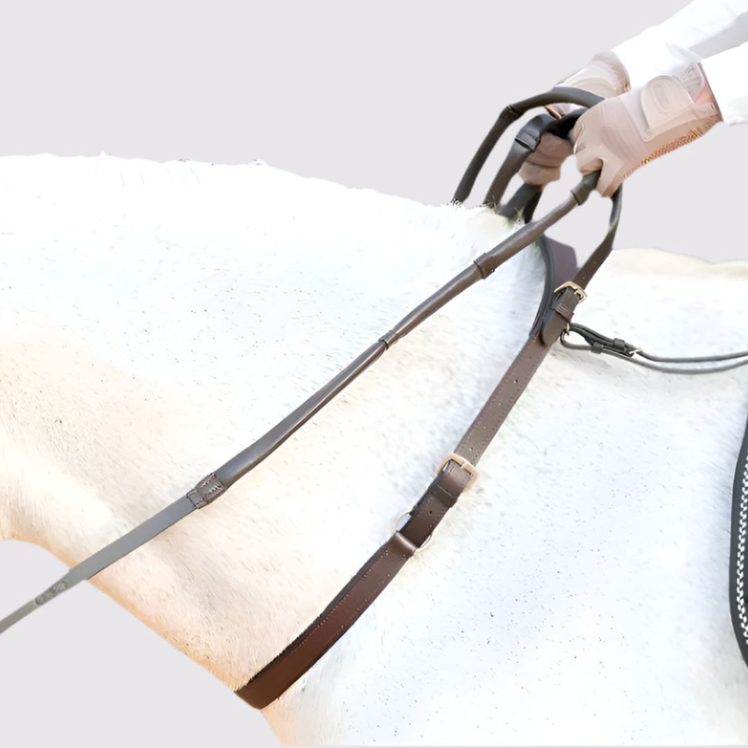 A brown double neck strap on a horse, with straps extending from the saddle D-Rings.